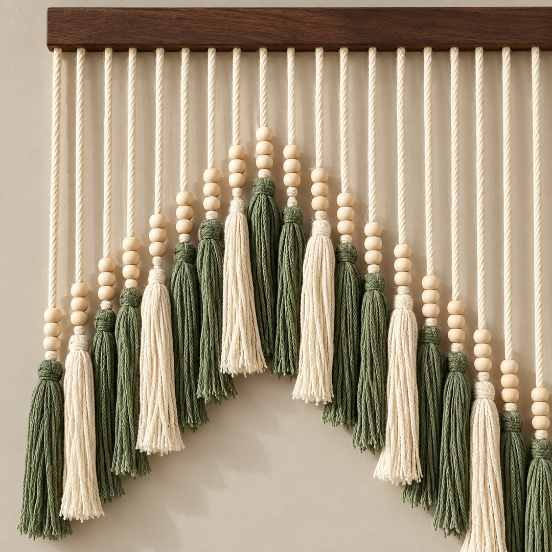 Macro of the bead line and the green and cream tassel heads, zigzag bead and tassel curtain