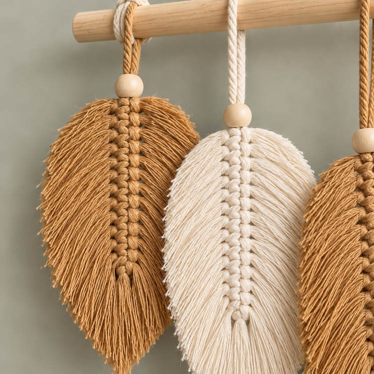 Close view of a tan and a cream macrame leaf showing the combed fringe and bead
