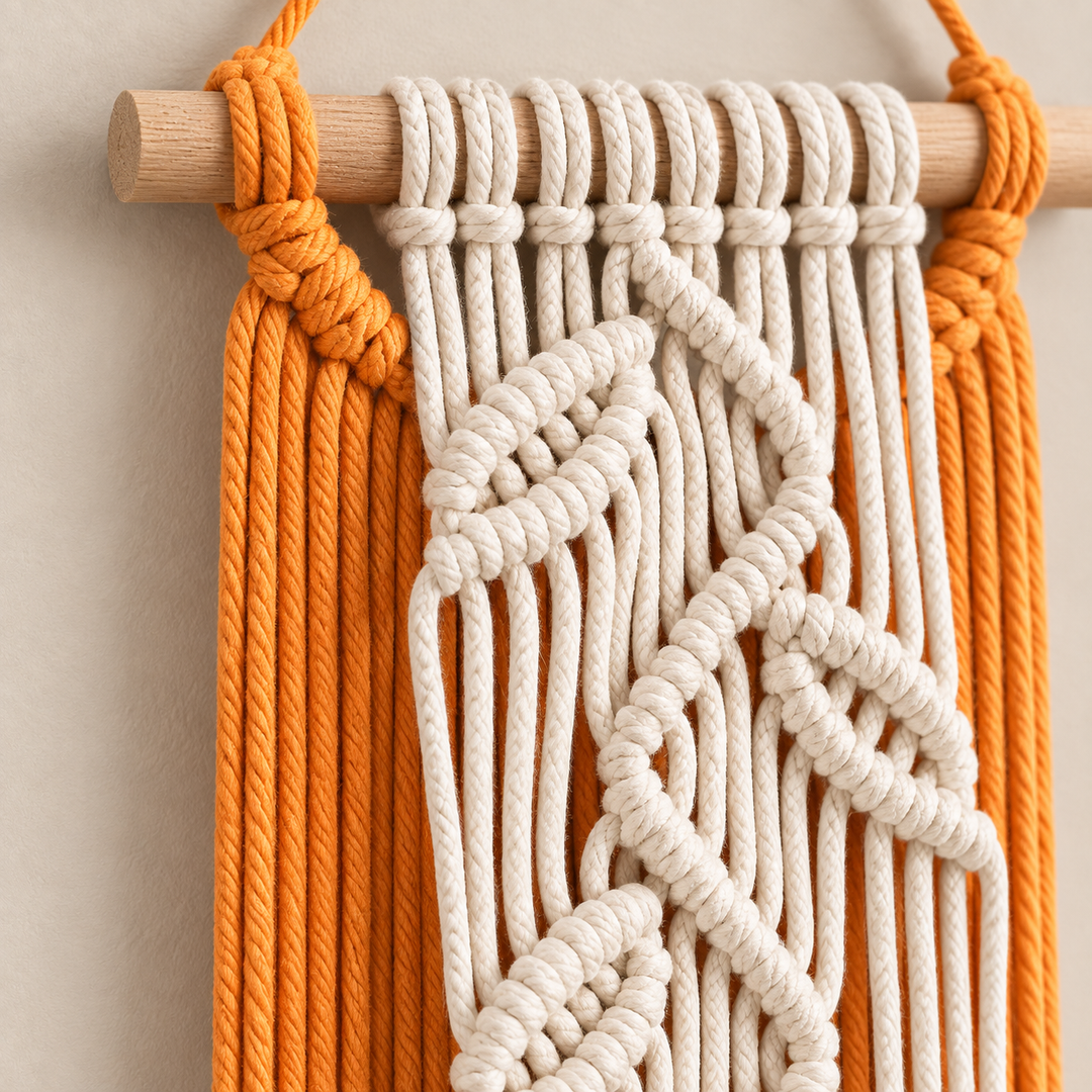 Close view of cream knotted leaves over orange cord at the wrapped dowel end