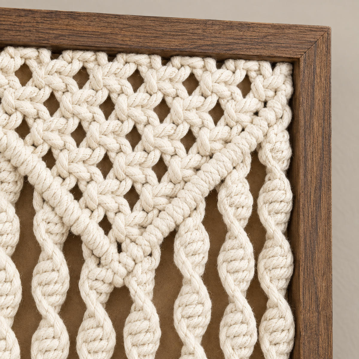 Style-13 cream cable, macrame panel in 13 knot styles, twisted cord, stained wood frame