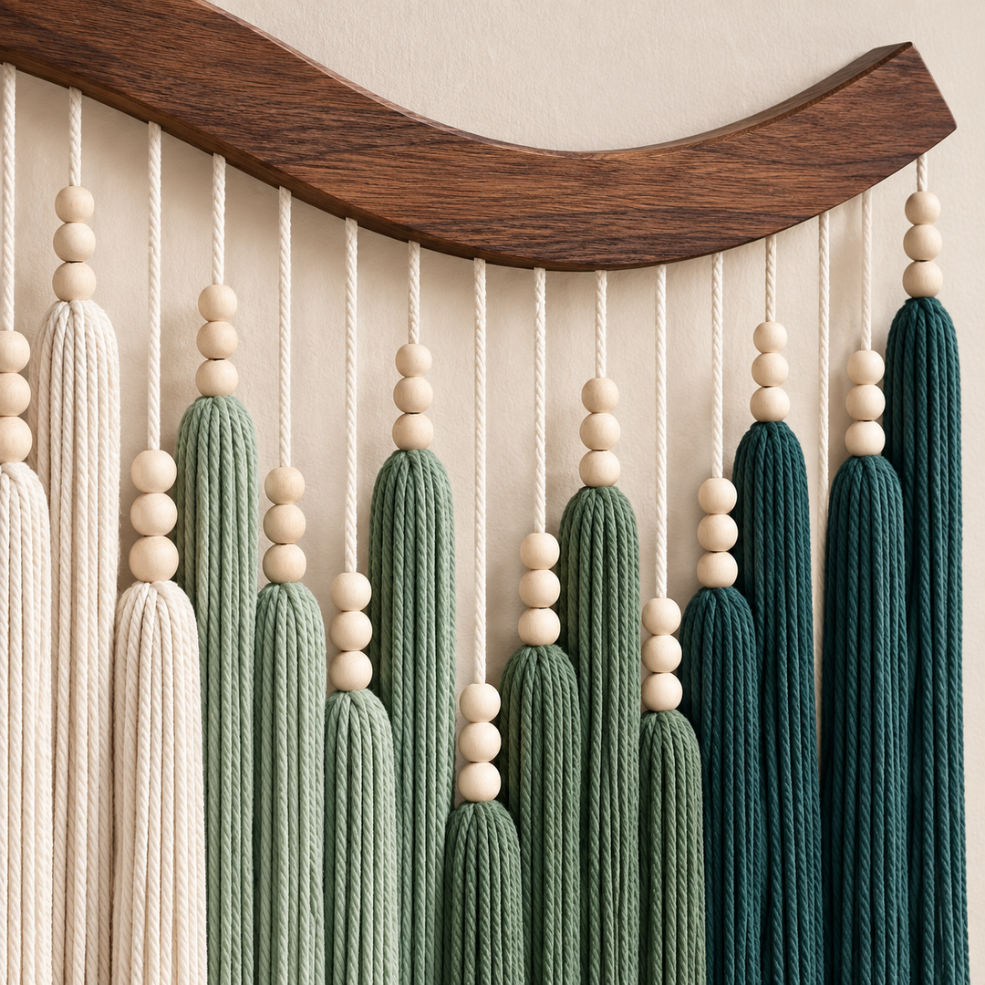Macro of the teal green tassels, beads and the wave of the pole