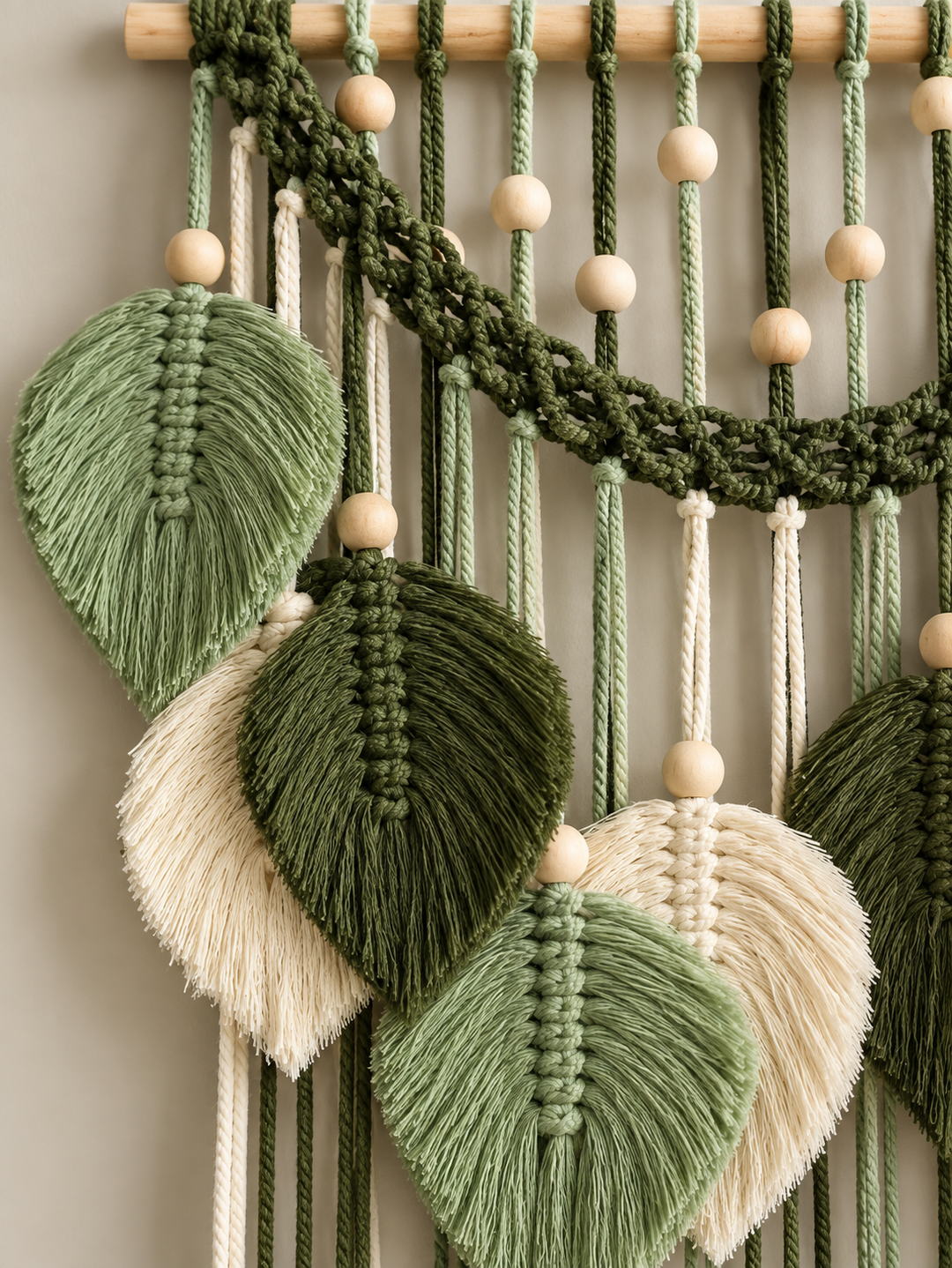 Macrame D7938, green and cream leaf row, macrame leaf dowel in two designs, 75 to 96 cm