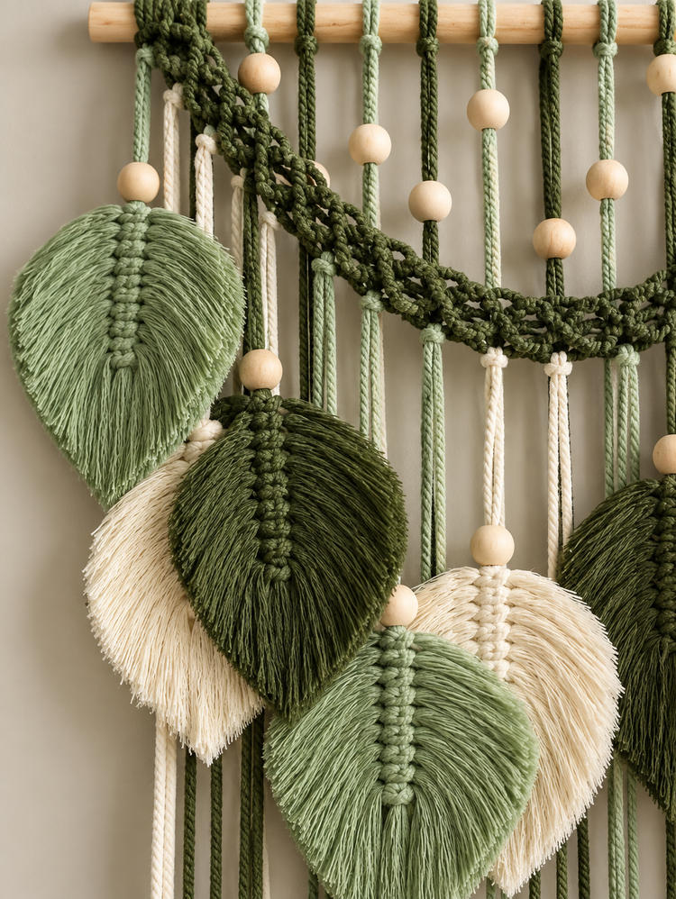 Macrame D7938, green and cream leaf row, macrame leaf dowel in two designs, 75 to 96 cm