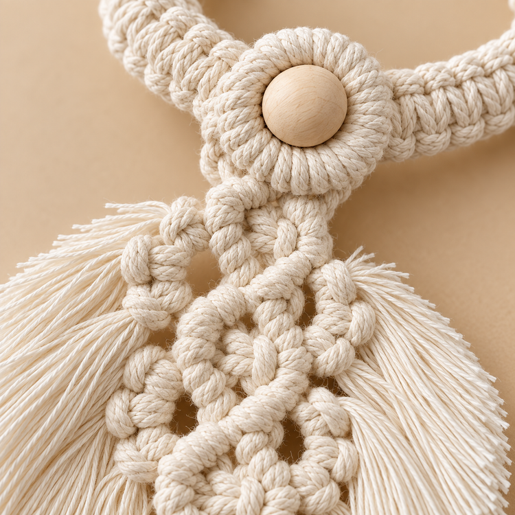 Close view of the wooden button, knotted cord and fringed leaf of a tie back