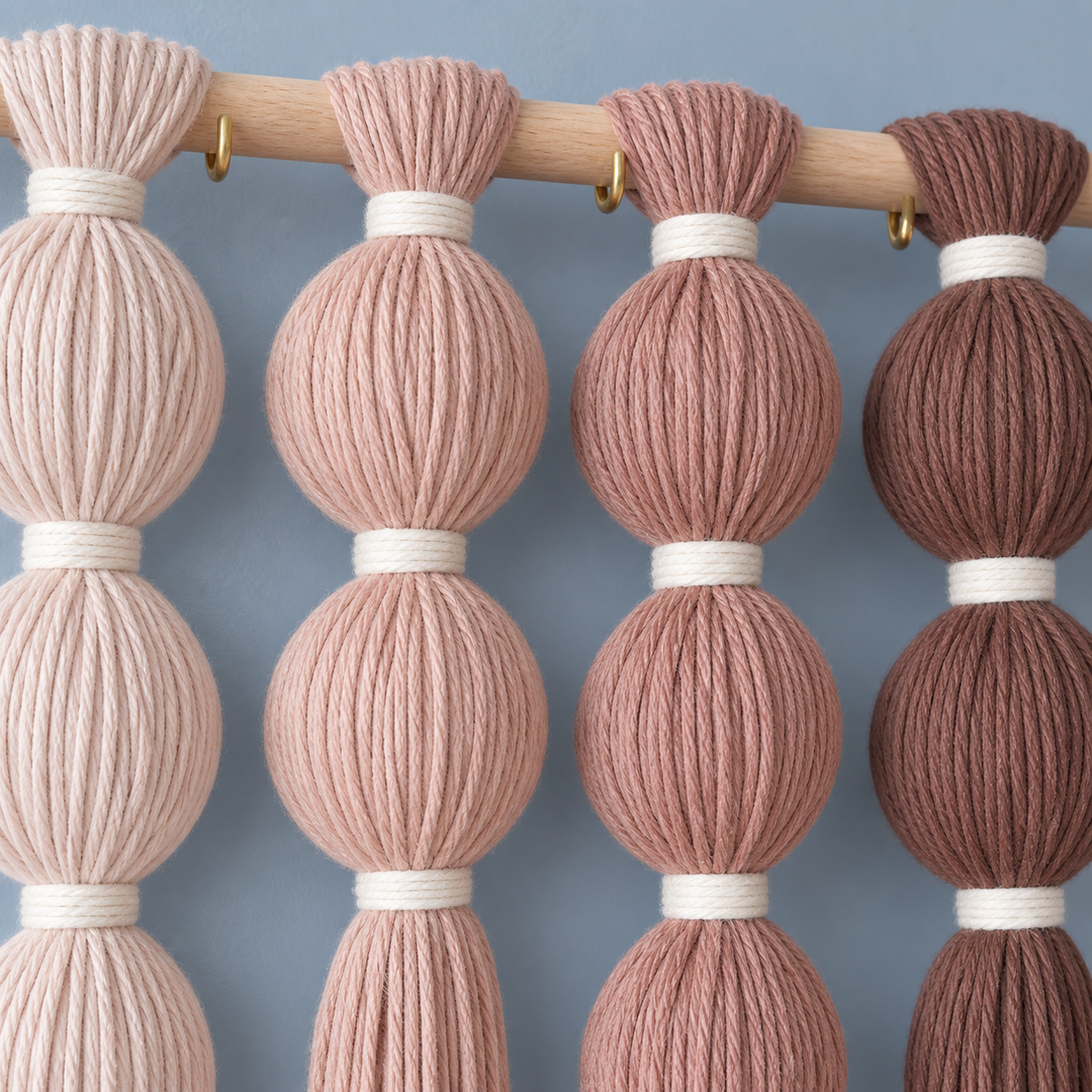 Macro of four spheres and their white bindings, wrapped sphere grid in blush