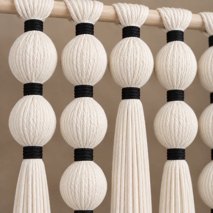 Close view of cream wound yarn spheres joined by narrow black yarn bindings
