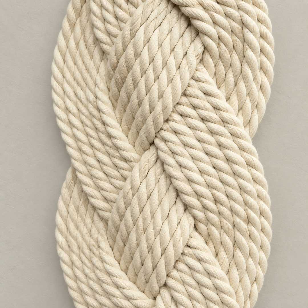 Macro of the plaited rope showing the twist of each ply, plaited rope column in cream