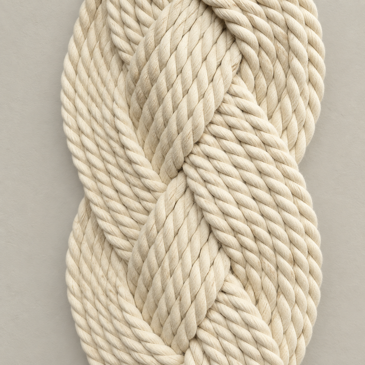 Macro of the plaited rope showing the twist of each ply, plaited rope column in cream