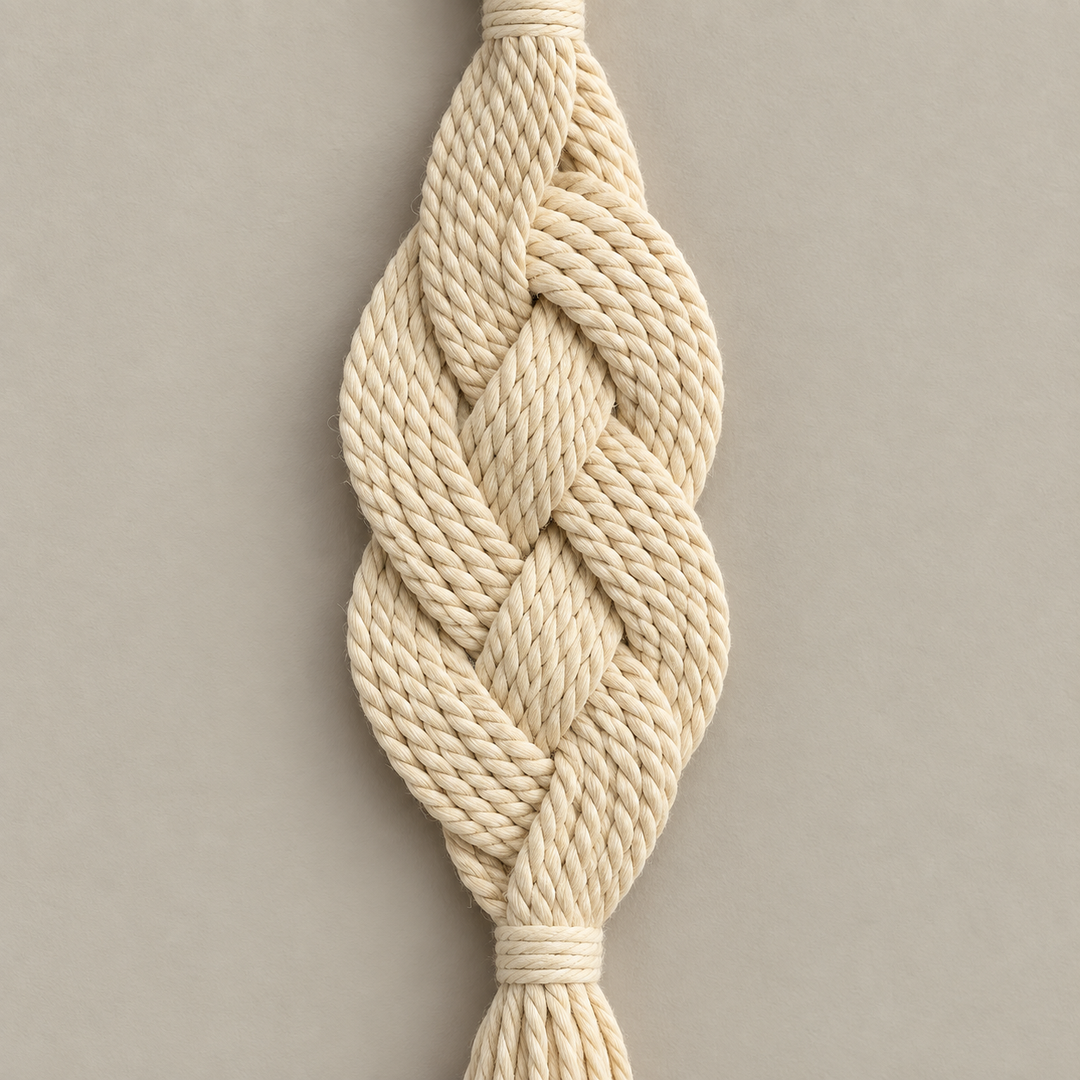 Macro of the braid and its two open bulges, braided rope wall pendant