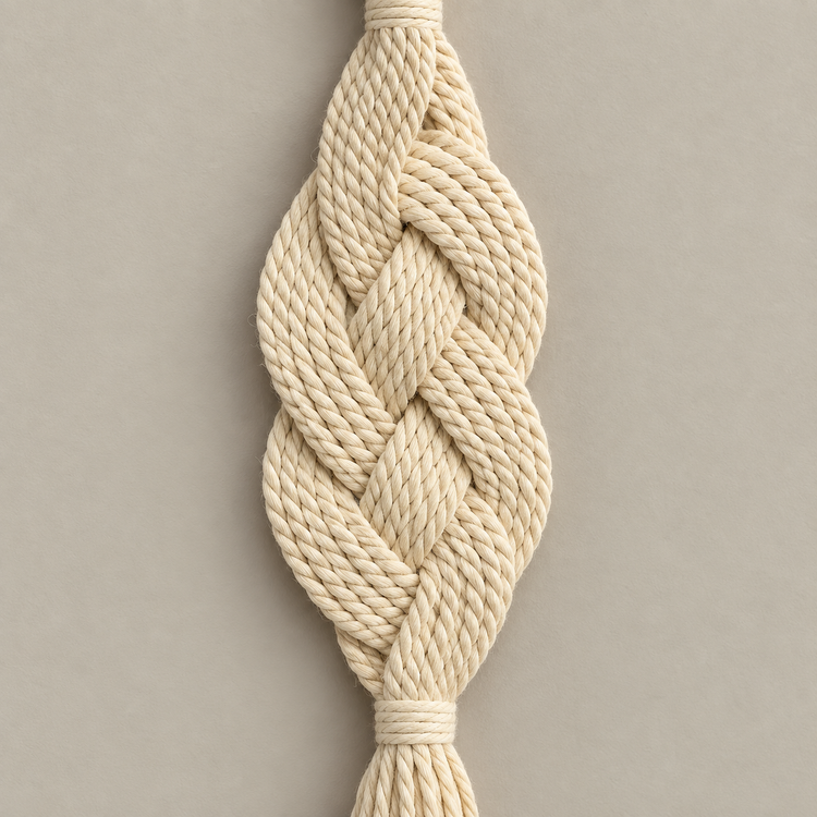 Macro of the braid and its two open bulges, braided rope wall pendant