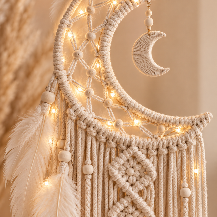 Close view of the crescent, netted web, feathers, wooden beads and lit bulbs