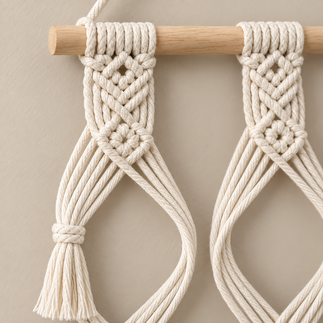 Close view of the knotted cord and an open hat loop on the wooden dowel