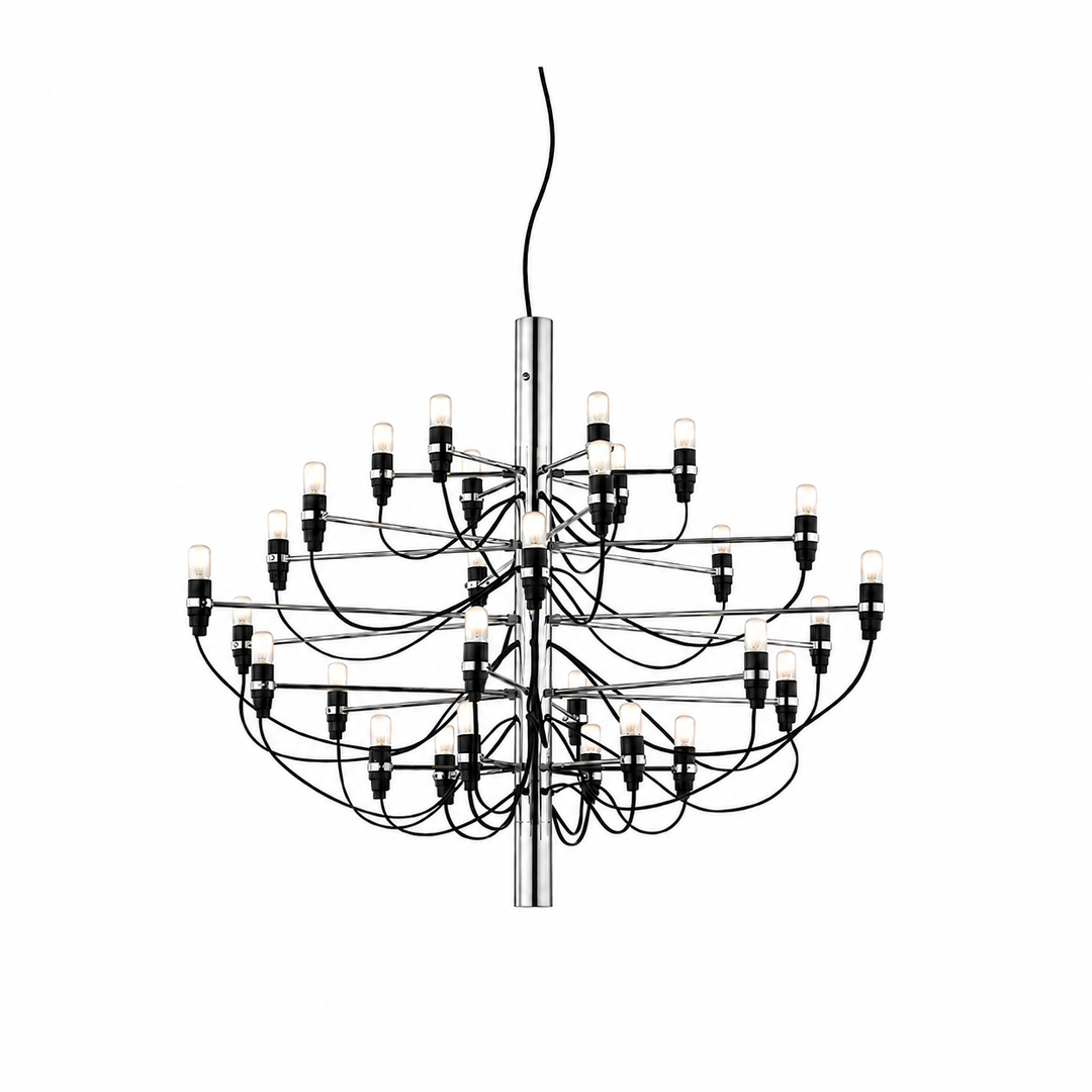 Chrome and black chandelier with tiered horizontal arms, looping black cords, and exposed upright bulbs against a white background.