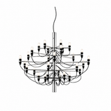 Chrome and black chandelier with tiered horizontal arms, looping black cords, and exposed upright bulbs against a white background.
