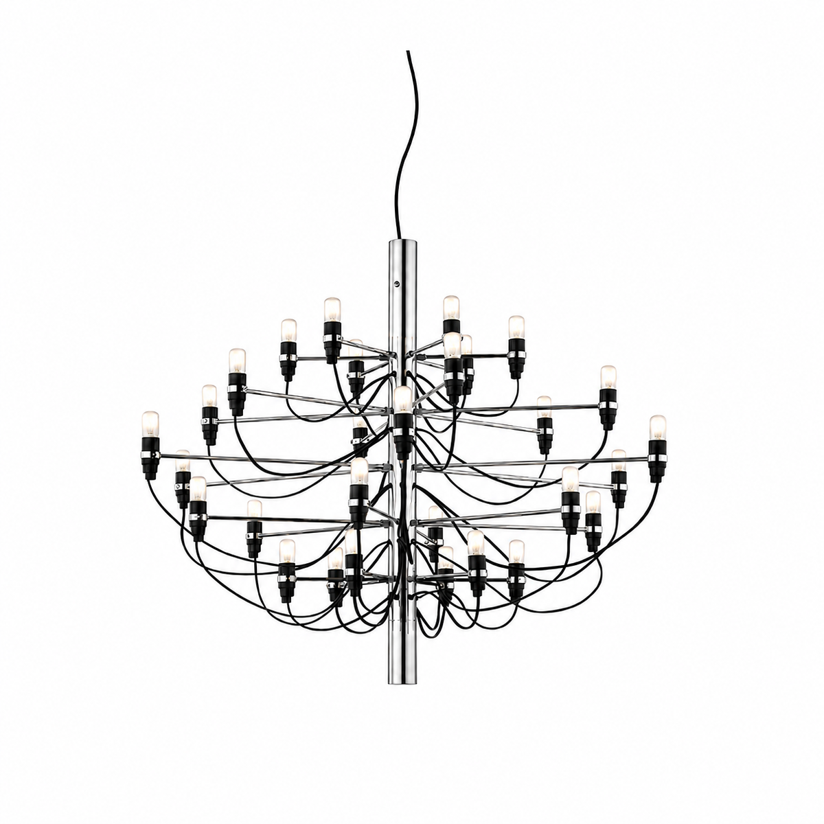 Chrome and black chandelier with tiered horizontal arms, looping black cords, and exposed upright bulbs against a white background.
