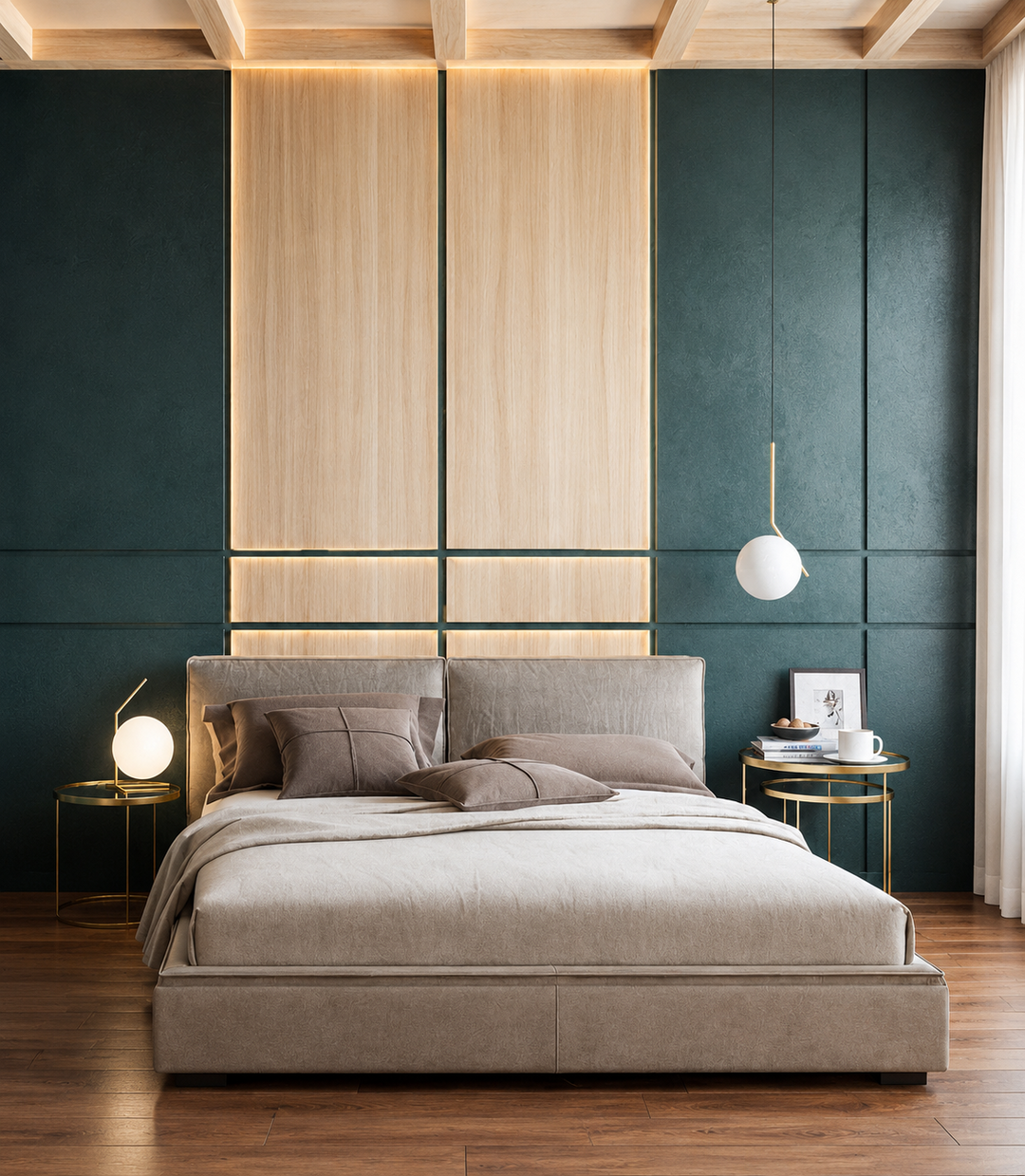 Brushed brass pendant light with a frosted opal glass globe hangs above a bedside table against dark green and wood bedroom panels.