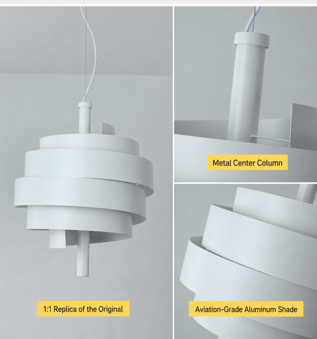 White pendant light with metal center column and aviation-grade aluminum shade on a gray background