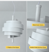 White pendant light with metal center column and aviation-grade aluminum shade on a gray background