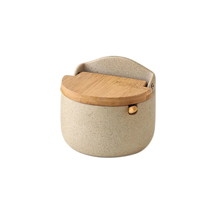 Salt Cellar With Spoon, Ceramic Seasoning Jar With Bamboo Lid - 1 Jar source-clean variant