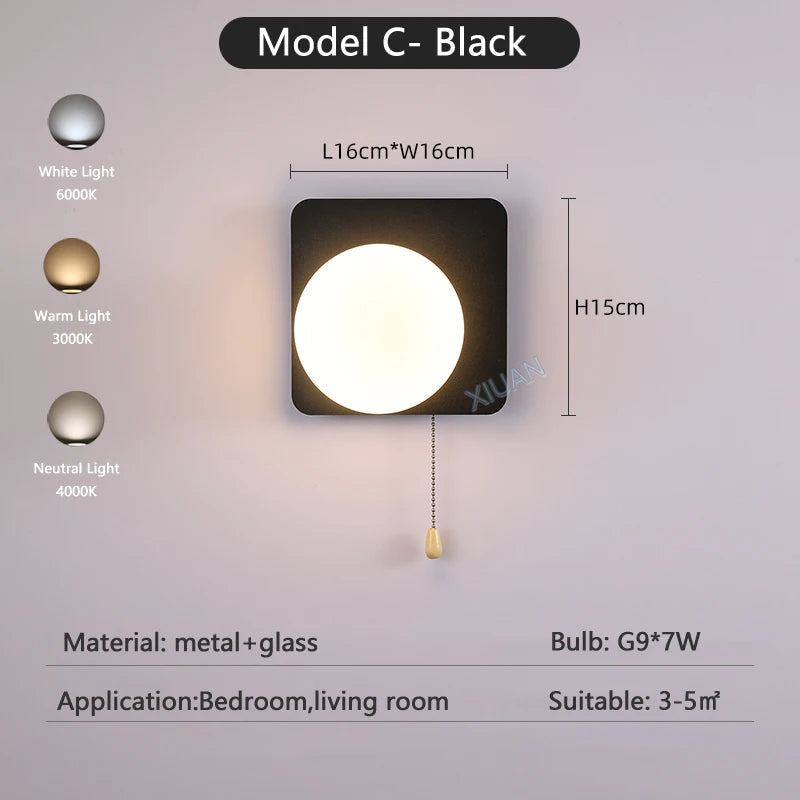 Globe pull chain wall sconce - supplier photo 32: dims card A Black Right