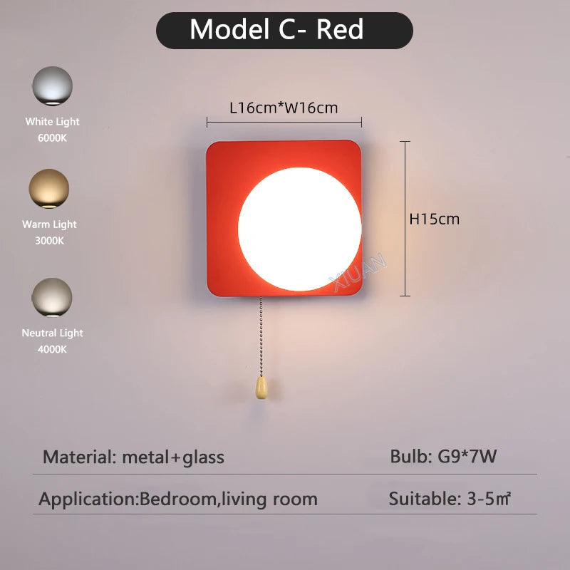 Globe pull chain wall sconce - supplier photo 35: dims card C Red