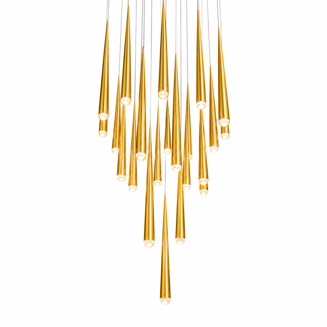 A modern multi-light linear chandelier with metallic gold teardrop-shaped pendant lights suspended from thin cables against a solid white background.