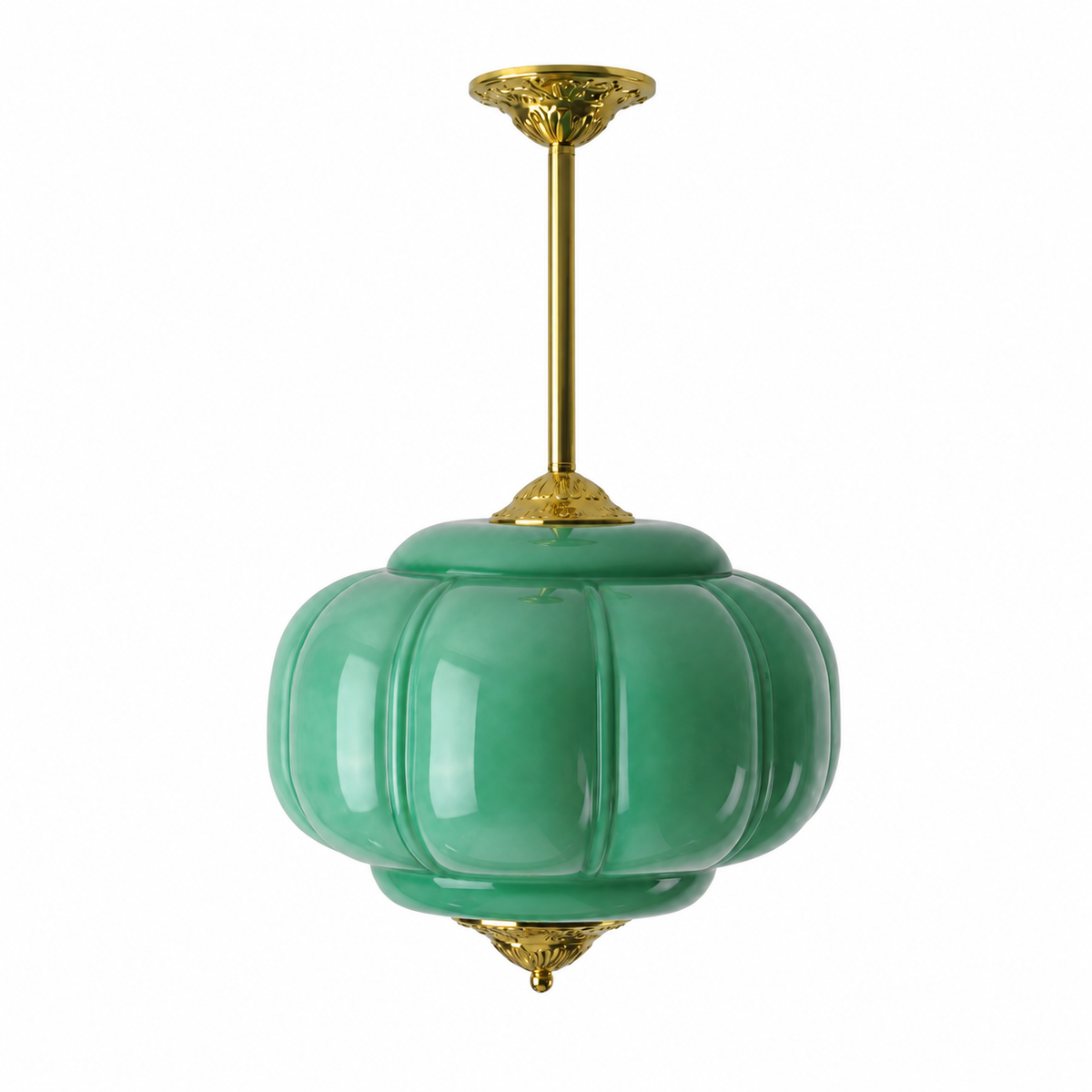 Green pendant light with gold accents on a white background