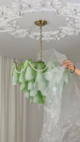 Colored Glass Chandelier, Tiered Glass Shade Chandelier with Sculptural Petals, Pearl Chains and Crystal Accents - product video