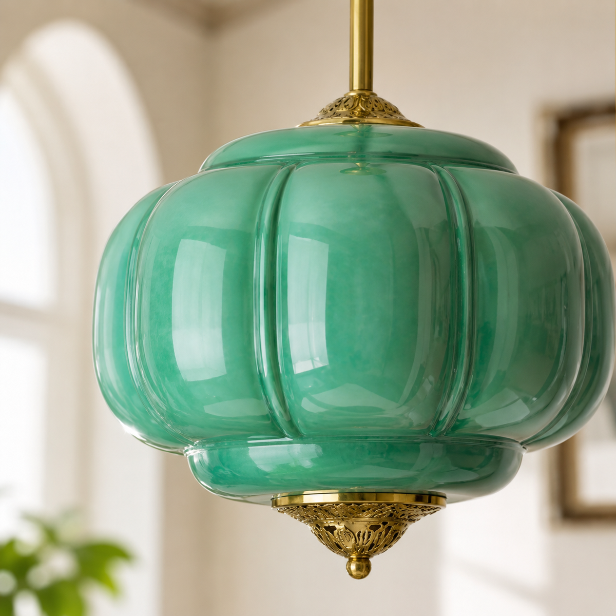 Green glass pendant light with gold accents in a room setting