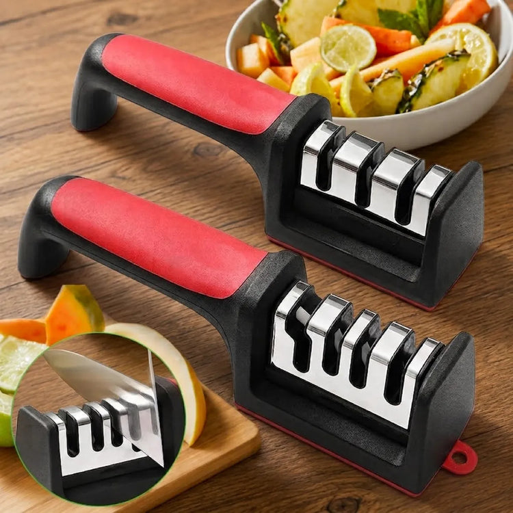 Kitchen knife sharpener with non-slip base on a clean wooden counter