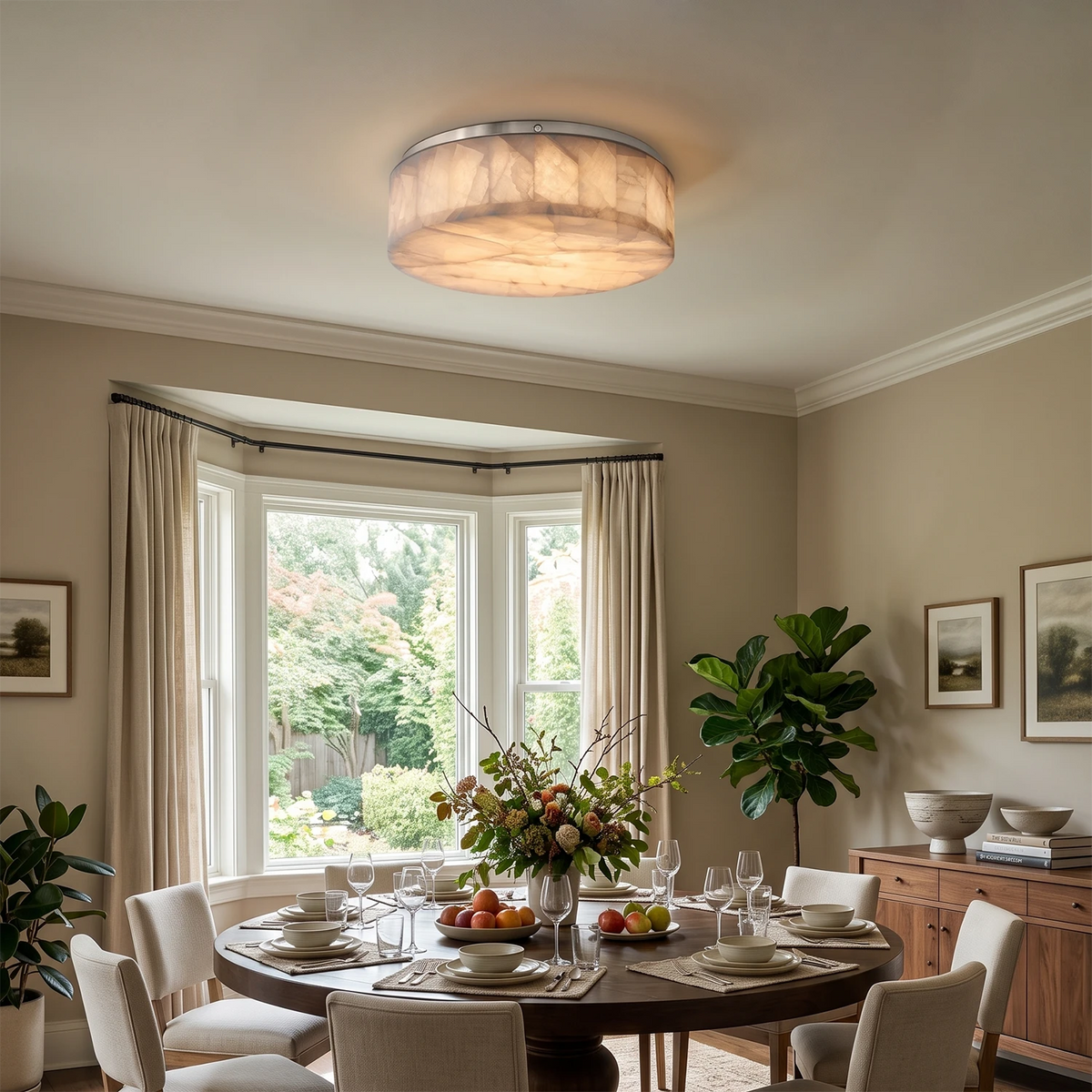 A modern flush-mount ceiling light with a textured, organic-shaped beige shade and a brushed silver metal rim, installed in a beautifully styled dining room with a round wooden table, white chairs, and a bay window.