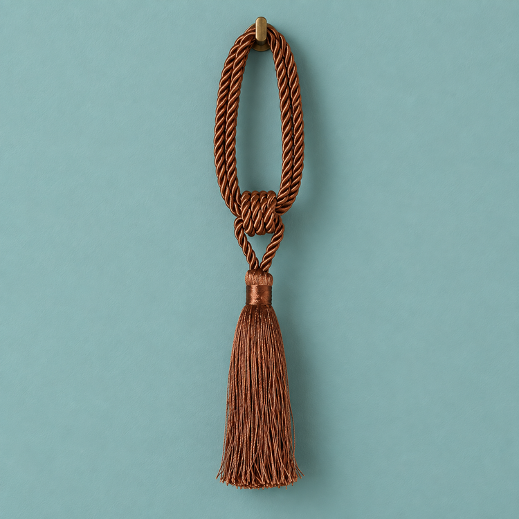 A brown braided rope tassel ornament with a knotted center and a long hanging tassel, shown against a solid teal background.