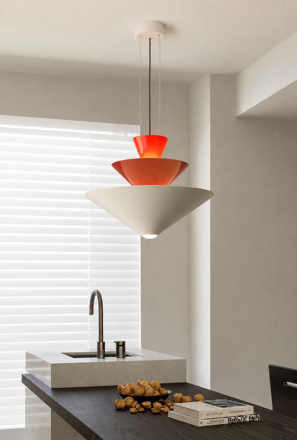 Modern kitchen with a red pendant light and a sink.