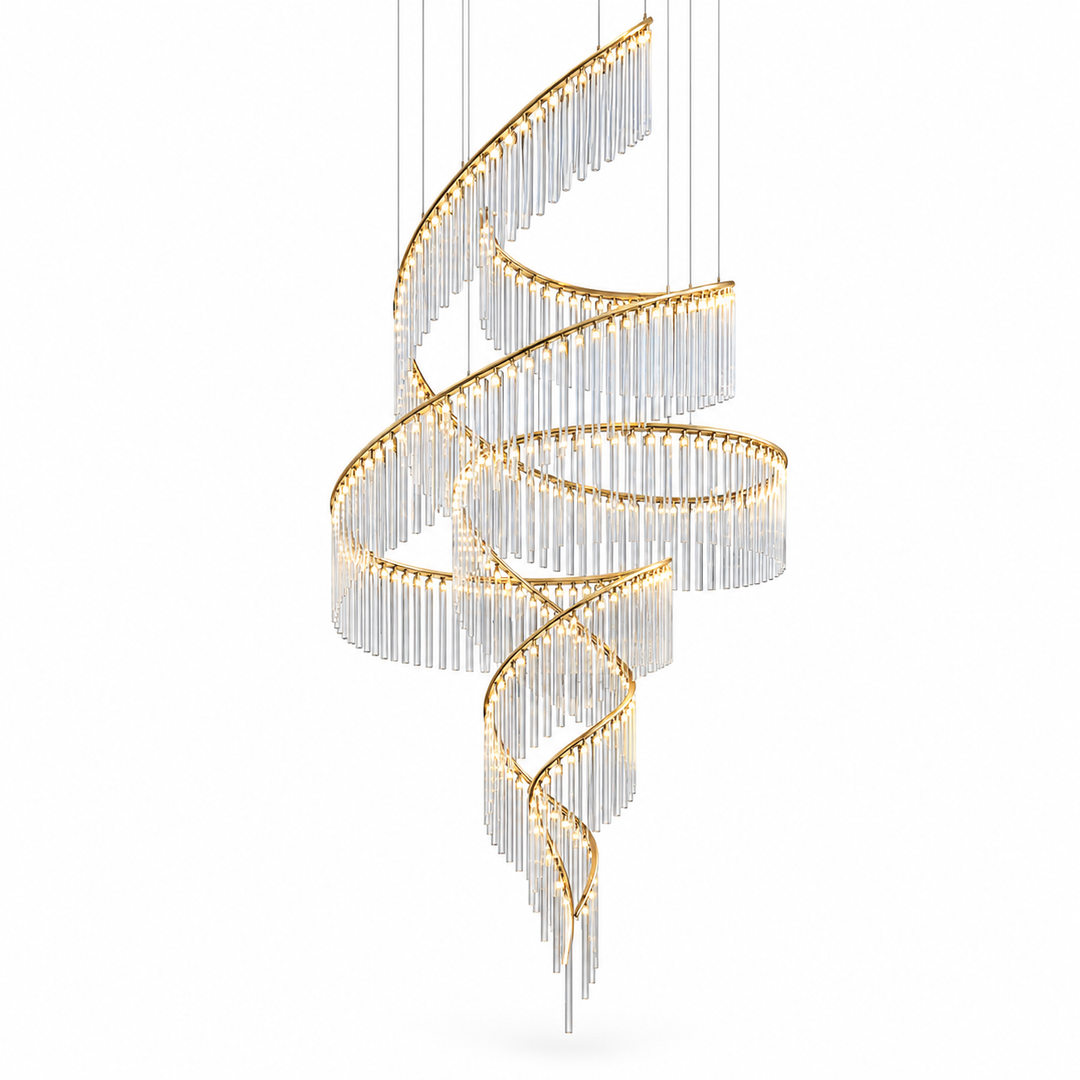 A modern spiral chandelier with a gold metal frame and numerous clear glass or acrylic hanging tubes, shown suspended against a plain white background.