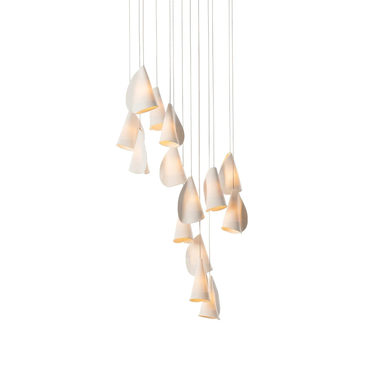 Chandelier with multiple glowing white porcelain shades arranged in a descending cluster against a white background.