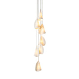 Chandelier with seven folded white porcelain shades cascading vertically on thin cords against a white background.