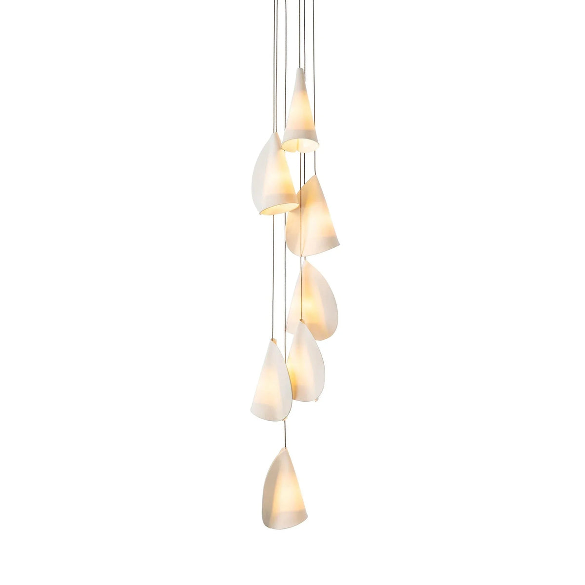 Chandelier with seven folded white porcelain shades cascading vertically on thin cords against a white background.