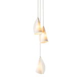 Chandelier with three glowing white porcelain shades suspended at staggered heights against a white background.