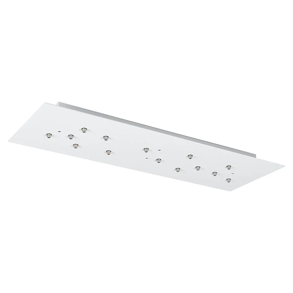 Rectangular white chandelier ceiling canopy with multiple silver cable fittings, shown at an angle against a white background.