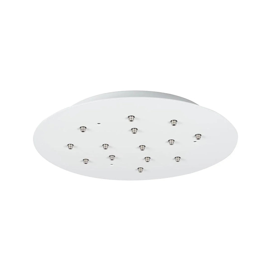 Round white chandelier ceiling canopy with multiple silver cable fittings, shown from below against a white background.