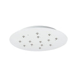 Round white chandelier ceiling canopy with multiple silver cable fittings, shown from below against a white background.
