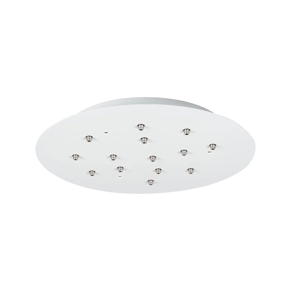Round white chandelier ceiling canopy with multiple silver cable fittings, shown from below against a white background.