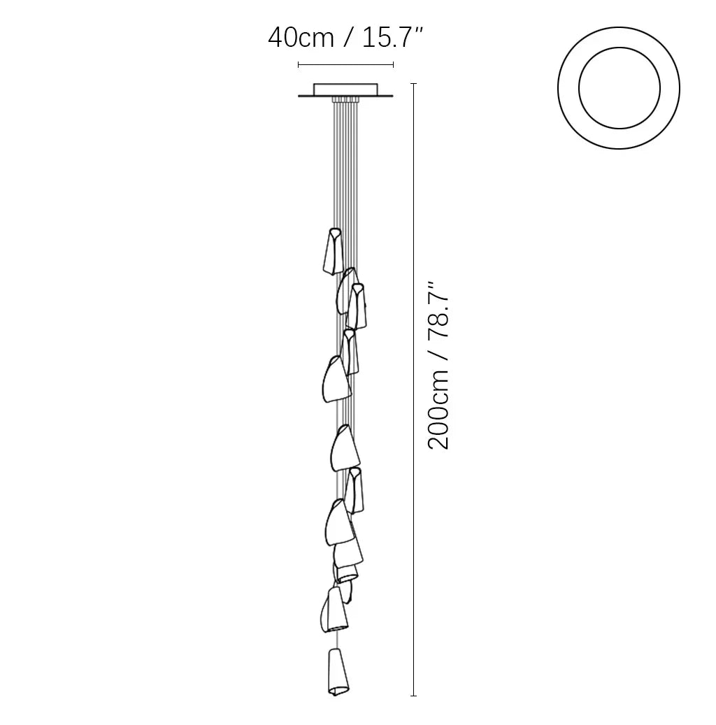 Chandelier dimension drawing showing cascading folded shades, a 40 cm canopy width, and a 200 cm overall hanging height.