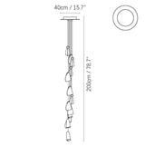 Chandelier dimension drawing showing cascading folded shades, a 40 cm canopy width, and a 200 cm overall hanging height.
