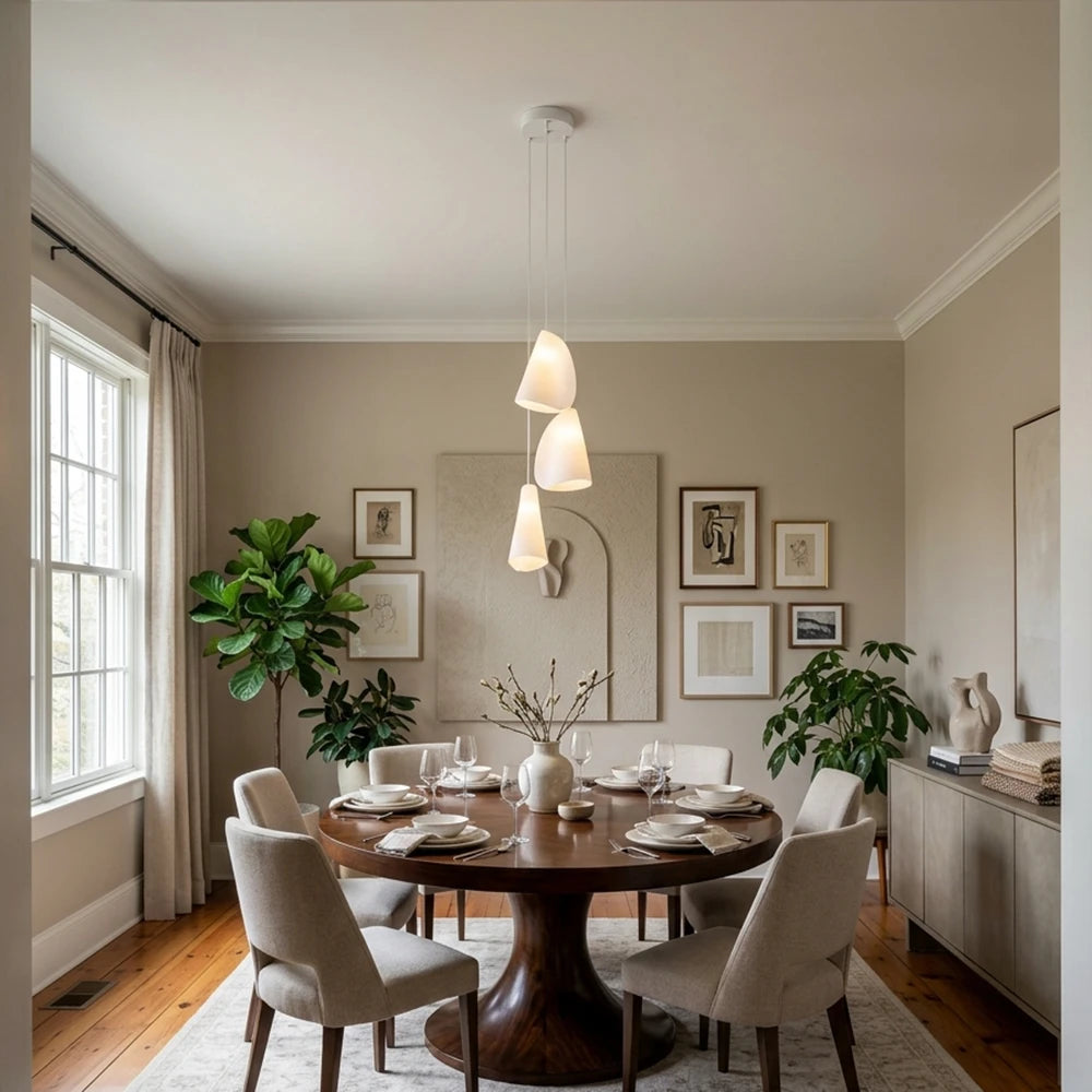A modern dining room featuring a round dark wood table surrounded by beige upholstered chairs, under a three-light pendant chandelier. The room has warm beige walls decorated with framed art, potted green plants, and a light wood floor.
