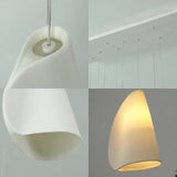 A four-panel collage shows white porcelain chandelier shade details, suspension cables, ceiling fittings, and an illuminated shade.