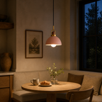 Compact Nordic E27 Metal Pendant Light - 6 Colors, 2 Shade Sizes - Breakfast Nook Pink warm light lifestyle