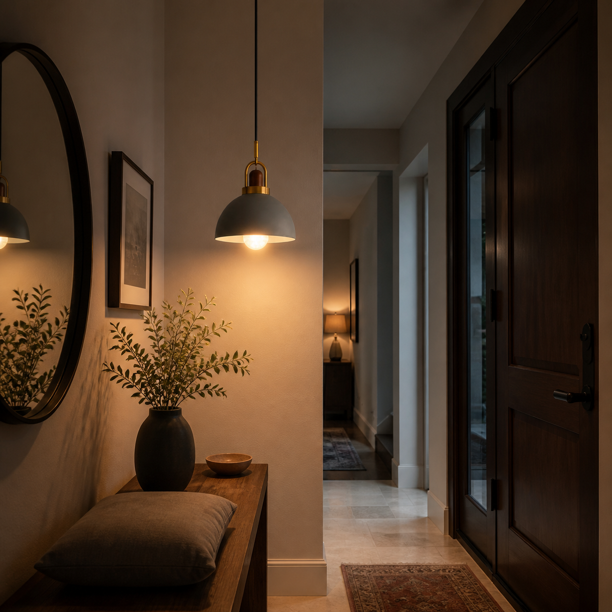 Compact Nordic E27 Metal Pendant Light - 6 Colors, 2 Shade Sizes - Entryway Gray warm light lifestyle