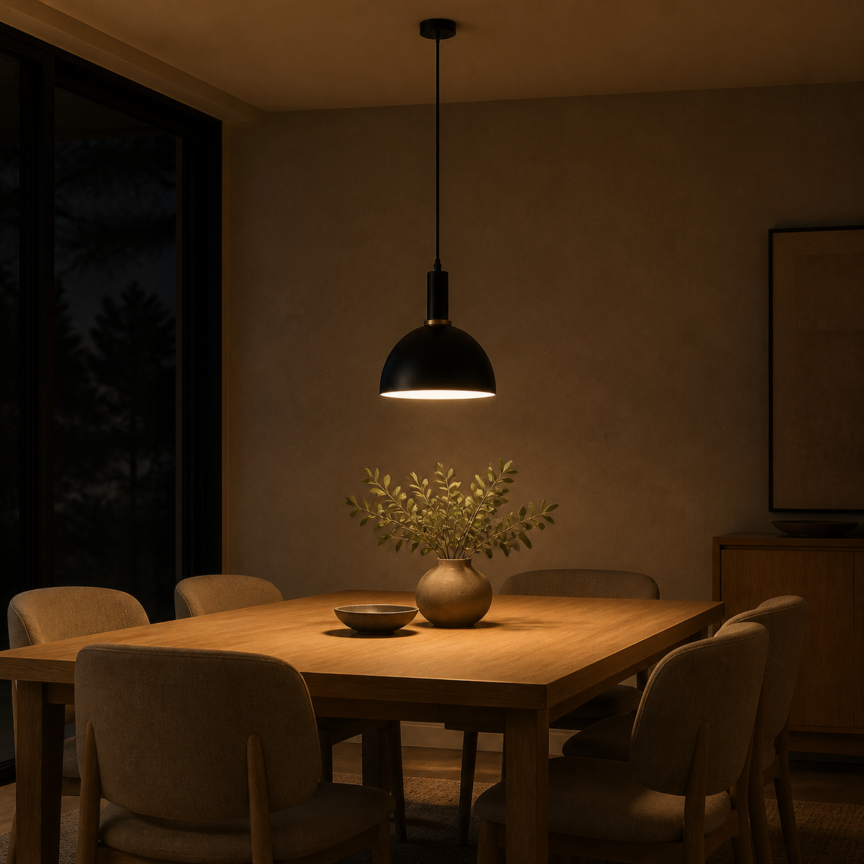 Nordic E27 Metal Pendant Light - Focused Deep Dome Shade, 6 Colors - Warm Dining Black warm light lifestyle