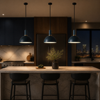 Nordic E27 Metal Pendant Light - Focused Deep Dome Shade, 6 Colors - Luxury Kitchen Dark Blue warm light lifestyle